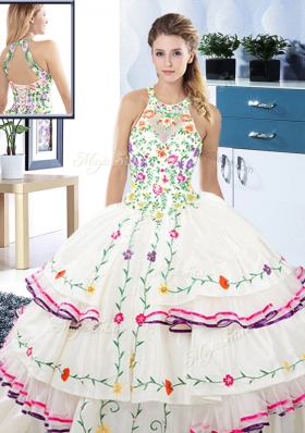 Amazing White Quinceanera Gowns Military Ball and Sweet 16 and Quinceanera and For with Embroidery and Ruffled Layers Halter Top Sleeveless Lace Up