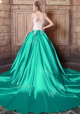 Court Train Ball Gowns Quince Ball Gowns Turquoise Scoop Elastic Woven Satin Sleeveless With Train Lace Up
