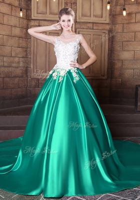 Court Train Ball Gowns Quince Ball Gowns Turquoise Scoop Elastic Woven Satin Sleeveless With Train Lace Up