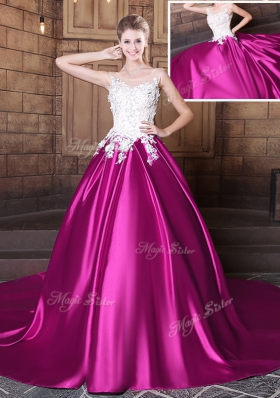 Court Train Ball Gowns Sweet 16 Dress Fuchsia Scoop Elastic Woven Satin Sleeveless With Train Lace Up