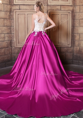 Court Train Ball Gowns Sweet 16 Dress Fuchsia Scoop Elastic Woven Satin Sleeveless With Train Lace Up