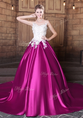 Court Train Ball Gowns Sweet 16 Dress Fuchsia Scoop Elastic Woven Satin Sleeveless With Train Lace Up