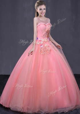 Custom Design Watermelon Red Lace Up Scoop Beading and Appliques Quinceanera Dresses Tulle Sleeveless