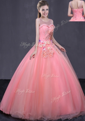 Custom Design Watermelon Red Lace Up Scoop Beading and Appliques Quinceanera Dresses Tulle Sleeveless