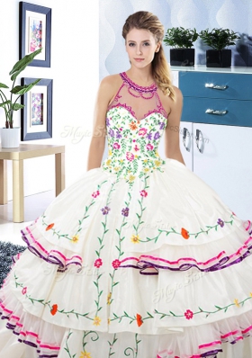 Custom Made Halter Top Floor Length Lace Up Quinceanera Gowns White and In for Military Ball and Sweet 16 and Quinceanera with Embroidery and Ruffled Layers