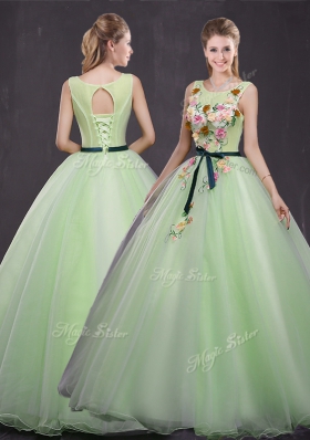 Custom Made Scoop Yellow Green Organza Lace Up Sweet 16 Dresses Sleeveless Floor Length Appliques