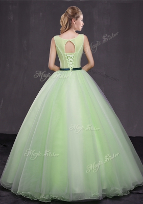 Custom Made Scoop Yellow Green Organza Lace Up Sweet 16 Dresses Sleeveless Floor Length Appliques