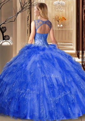 Customized Blue Ball Gowns Tulle and Sequined Scoop Sleeveless Ruffles Floor Length Lace Up Quinceanera Gowns