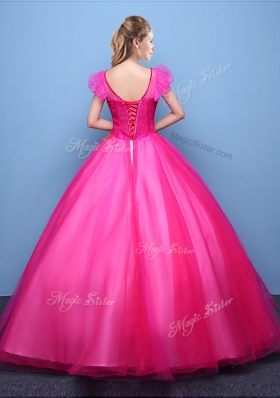 Discount Scoop Short Sleeves Tulle Ball Gown Prom Dress Appliques Lace Up