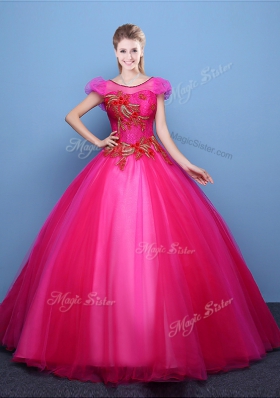 Discount Scoop Short Sleeves Tulle Ball Gown Prom Dress Appliques Lace Up