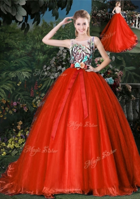 Dynamic Red Scoop Zipper Appliques and Belt Vestidos de Quinceanera Brush Train Sleeveless