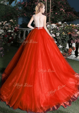 Dynamic Red Scoop Zipper Appliques and Belt Vestidos de Quinceanera Brush Train Sleeveless