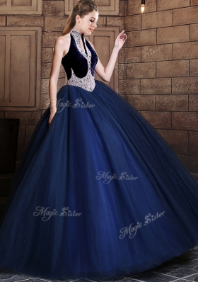 Fabulous Halter Top Beading Sweet 16 Quinceanera Dress Navy Blue Lace Up Sleeveless Floor Length