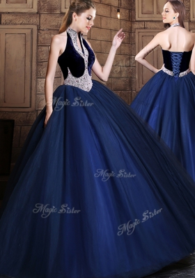 Fabulous Halter Top Beading Sweet 16 Quinceanera Dress Navy Blue Lace Up Sleeveless Floor Length