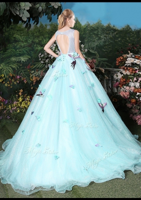 Fabulous Light Blue Organza Lace Up Scoop Sleeveless Vestidos de Quinceanera Brush Train Appliques
