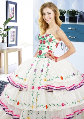 Fantastic White Organza and Taffeta Lace Up Ball Gown Prom Dress Sleeveless Floor Length Embroidery and Ruffled Layers