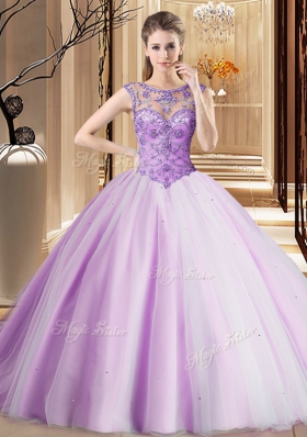 High End Scoop Sleeveless Beading Lace Up Sweet 16 Dresses with Lavender Brush Train