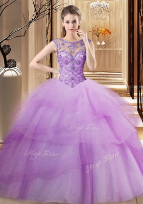 Lilac Ball Gowns Scoop Sleeveless Tulle Brush Train Lace Up Beading and Ruffled Layers Quinceanera Gowns