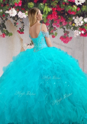 Luxurious Off the Shoulder Teal Sleeveless Beading and Ruffles Floor Length Quinceanera Gowns