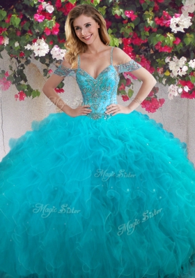 Luxurious Off the Shoulder Teal Sleeveless Beading and Ruffles Floor Length Quinceanera Gowns