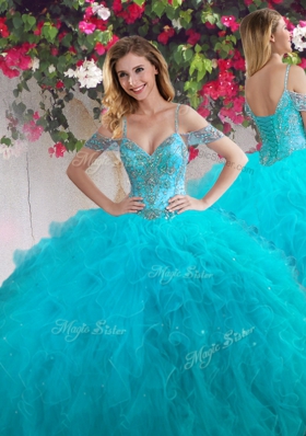 Luxurious Off the Shoulder Teal Sleeveless Beading and Ruffles Floor Length Quinceanera Gowns