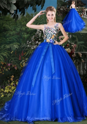 On Sale Scoop Royal Blue Organza Zipper Quince Ball Gowns Sleeveless Brush Train Appliques and Belt