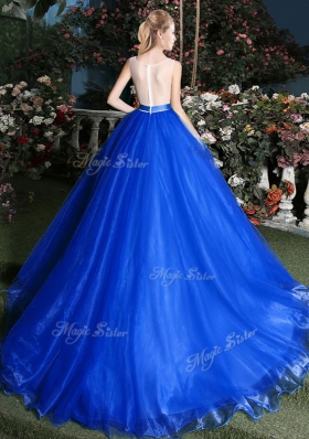 On Sale Scoop Royal Blue Organza Zipper Quince Ball Gowns Sleeveless Brush Train Appliques and Belt