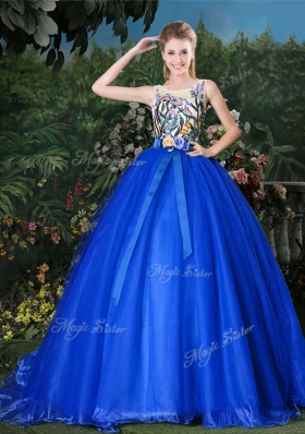 On Sale Scoop Royal Blue Organza Zipper Quince Ball Gowns Sleeveless Brush Train Appliques and Belt