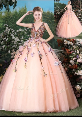 Peach Ball Gowns Tulle V-neck Sleeveless Appliques With Train Lace Up Ball Gown Prom Dress Brush Train