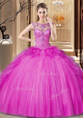 Perfect Scoop Sleeveless Lace Up Floor Length Beading and Ruffles Ball Gown Prom Dress