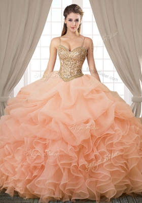 Pick Ups Floor Length Ball Gowns Sleeveless Peach Sweet 16 Quinceanera Dress Lace Up