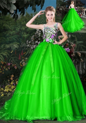 Scoop Ball Gowns Appliques and Belt Sweet 16 Quinceanera Dress Zipper Organza Sleeveless