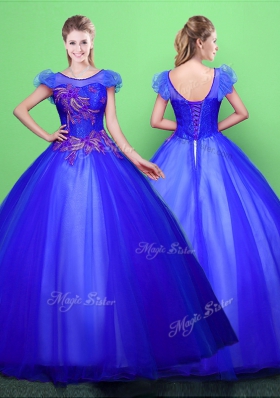 Scoop Floor Length Ball Gowns Short Sleeves Blue Sweet 16 Dress Lace Up