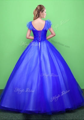 Scoop Floor Length Ball Gowns Short Sleeves Blue Sweet 16 Dress Lace Up