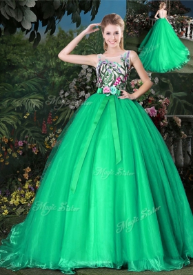 Scoop Green Ball Gowns Appliques and Belt 15th Birthday Dress Zipper Organza Sleeveless