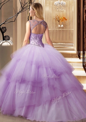 Scoop Light Blue Lace Up Quinceanera Gown Beading and Ruffled Layers Sleeveless Brush Train