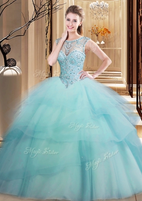 Scoop Light Blue Lace Up Quinceanera Gown Beading and Ruffled Layers Sleeveless Brush Train