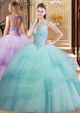 Scoop Light Blue Lace Up Quinceanera Gown Beading and Ruffled Layers Sleeveless Brush Train