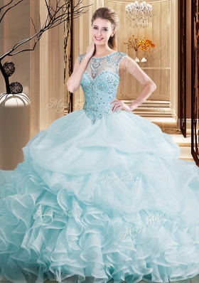 Scoop Light Blue Organza Lace Up Sweet 16 Dresses Sleeveless Brush Train Beading and Ruffles and Pick Ups
