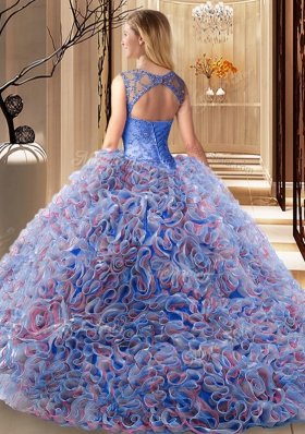 Scoop Multi-color Sleeveless Fabric With Rolling Flowers Brush Train Lace Up Quinceanera Gown for Military Ball and Sweet 16 and Quinceanera