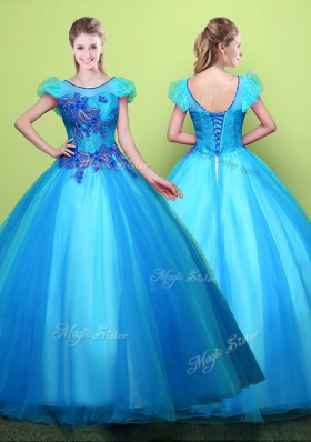 Scoop Short Sleeves Floor Length Lace Up 15 Quinceanera Dress Baby Blue and In for Military Ball and Sweet 16 and Quinceanera with Appliques