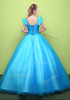 Scoop Short Sleeves Floor Length Lace Up 15 Quinceanera Dress Baby Blue and In for Military Ball and Sweet 16 and Quinceanera with Appliques