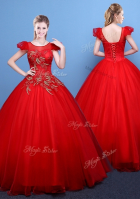 Scoop Short Sleeves Lace Up Vestidos de Quinceanera Red Tulle