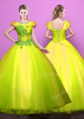 Scoop Short Sleeves Lace Up Vestidos de Quinceanera Yellow Green Tulle
