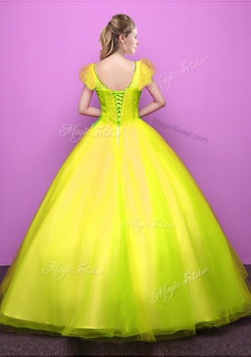 Scoop Short Sleeves Lace Up Vestidos de Quinceanera Yellow Green Tulle