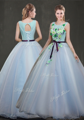 Scoop Sleeveless Floor Length Appliques Lace Up Sweet 16 Dress with Light Blue