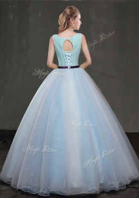Scoop Sleeveless Floor Length Appliques Lace Up Sweet 16 Dress with Light Blue