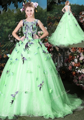Scoop Sleeveless Quinceanera Dress Brush Train Appliques Apple Green Organza