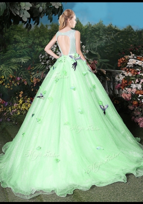 Scoop Sleeveless Quinceanera Dress Brush Train Appliques Apple Green Organza