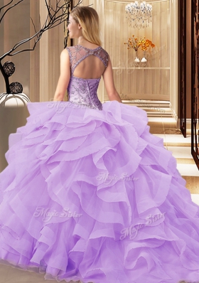 Scoop Sleeveless Tulle Quinceanera Gowns Beading and Ruffles Brush Train Lace Up